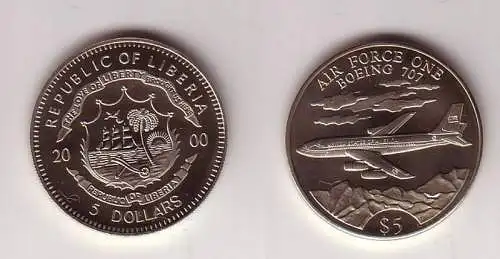 5 Dollar Nickel Münze Liberia 2000 Flugzeug Air Force One Boing 707 (105480)