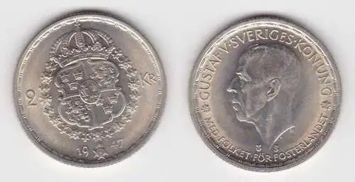 2 Kronen Silber Münze Schweden 1947 vz (143707)