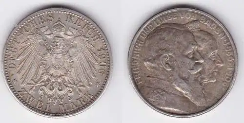 2 Mark Silbermünze Baden goldene Hochzeit 1906 Jäger 34  (125805)
