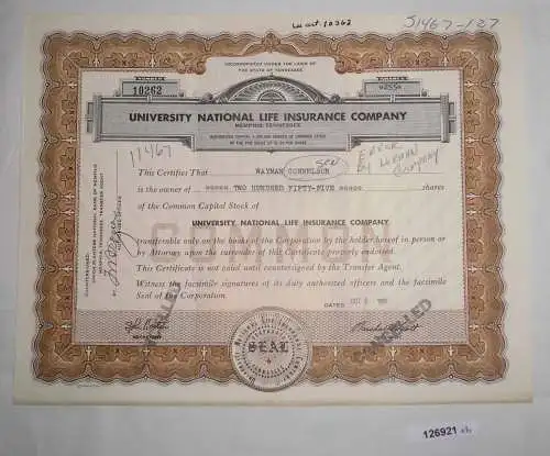 225 Stück Aktie University National Life Insurance Company Tennessee (126921)