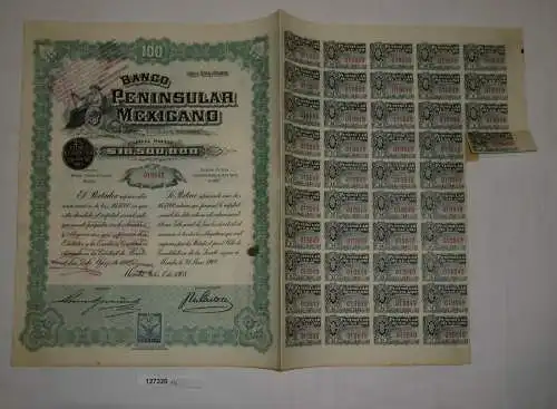 100 Peso Aktie Banco Peninsular Mexicano Mérida 1. Juli 1908 (127320)