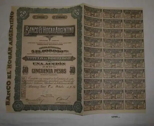 1 Aktie à 50 Peso Banco el Hogar Argentino Buenos Aires 1. Oktober 1924 (127005)
