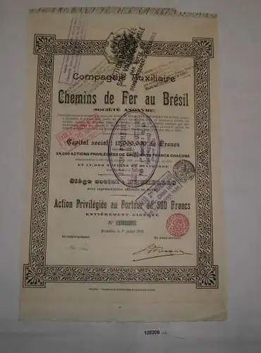 500 Franc Aktie Compagnie Auxiliaire Chemins de Ferr au Bresil 1937 (128206)