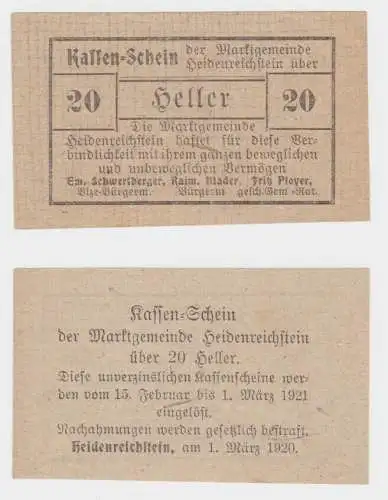 20 Heller Banknote Notgeld Marktgemeinde Heidenreichstein 1920 (154502)