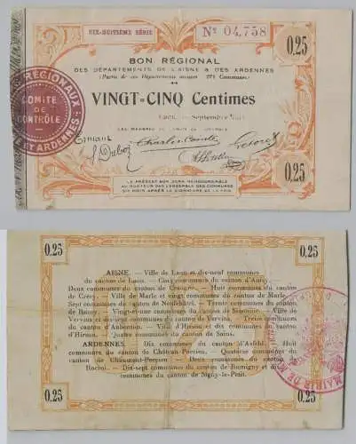 FRANZÖSISCHE NOTSCHEINE 19.9.1915 Aisne et Ardennes. Bon régional. Laon (153164)