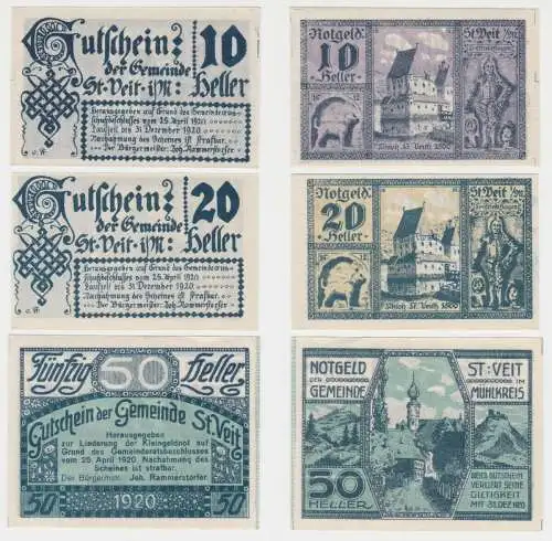 10, 20 und 50 Heller Banknoten Notgeld Gemeinde St.Veit im Mühlkr. 1920 (154782)
