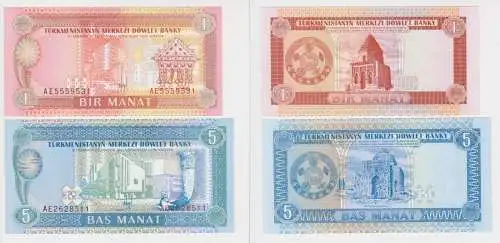 1 und 5 Manat Banknote Turkmenistan 1993 kassenfrisch UNC (136372)
