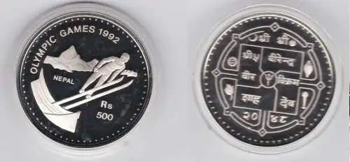 500 Rupien Silber Münze Nepal Olympia 1992 Albertville Skispringer (154951)