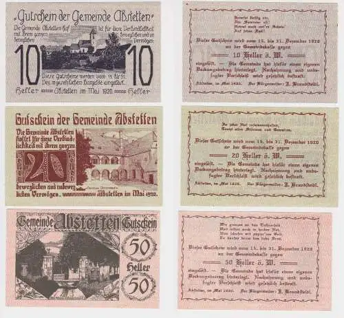 10, 20 und 50 Heller Banknoten Notgeld Gemeinde Abstetten 1920 (155464)