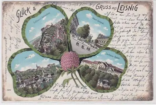 902492 AK Gruss aus Leisnig - Schloss mit Schlossberg, Gasthaus Bastei, Denkmal