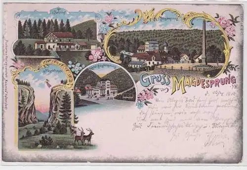 56579 AK Gruss aus Mägdesprung im Harz - Bahnhof, Hotel und Mägdetrappe 1900