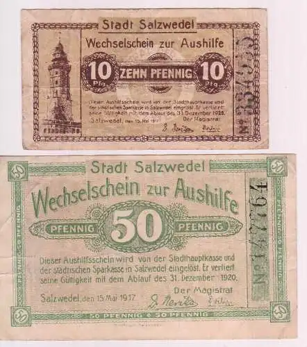 10 und 50 Pfennig Banknoten Notgeld Stadt Salzwedel 1917 (161076)