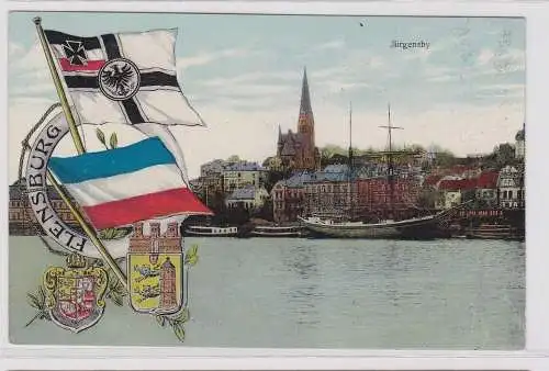 904068 Wappen AK Flensburg - Jürgensby, Uferpromenade mit Kirchturm