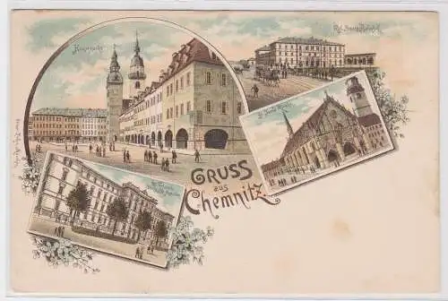 904316 Lithografie AK Gruss aus Chemnitz - Hauptmarkt, Kirche, Staatslehranstalt