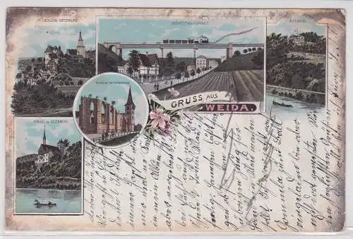 07753 AK Gruss aus Weida - Schloss, Kirche, Viaduct, Alpenrose, Ruine 1900