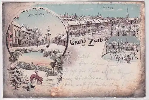72651 Winter Ak Lithographie Gruß aus Zerbst Breitestraße usw. 1900