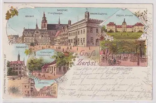 66479 Ak Lithographie Gruß aus Zerbst Restaurant Friedrichholz usw. 1900