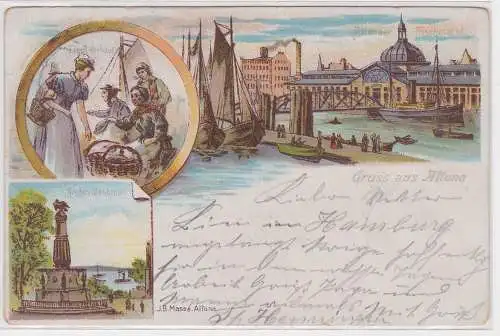 29508 Ak Lithographie Gruss aus Altona Fischmarkt, Siegesdenkmal usw. 1898