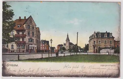 906071 AK Grimma - Leipzigerstrasse, Straßenansicht mit Gasthof 1908