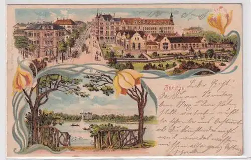 24269 Lithografie AK Zwickau - Teichpartie und Ortsansicht 1907