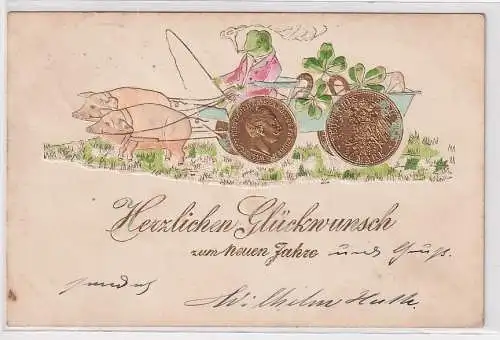 905496 AK Herzlichen Glückwunsch zum neuen Jahre - Kutsche mit Münzrädern 1905