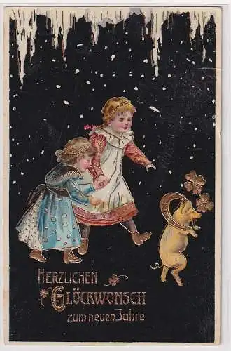 905498 AK Herzlichen Glückwunsch zum neuen Jahre - 2 Mädchen mit Glücksschwein