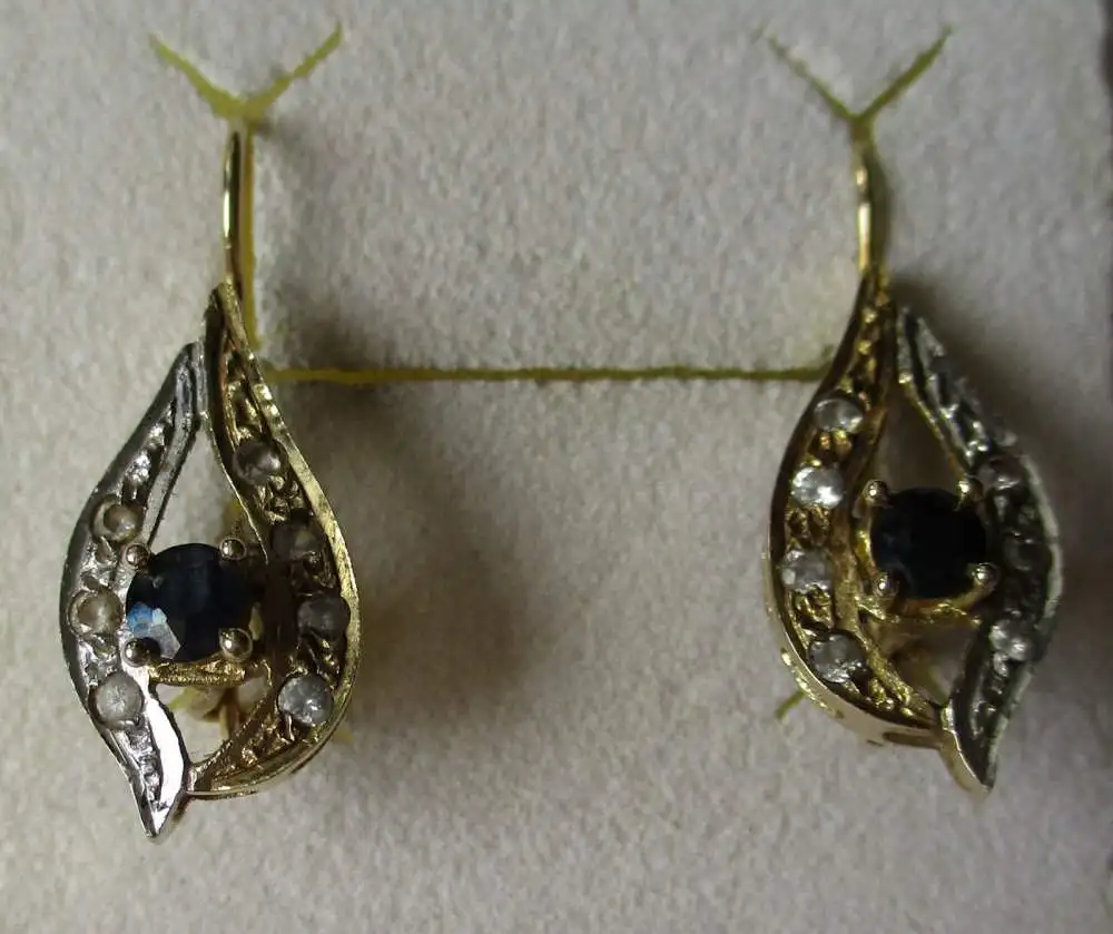 elegante 585er Gold Ohrringe mit blauen und weißen Steinen (156267) 0