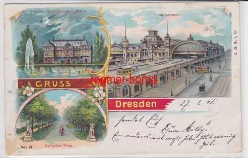 85554 Ak Lithografie Gruss aus Dresden Hauptbahnhof, Herkules-Allee usw. 1901