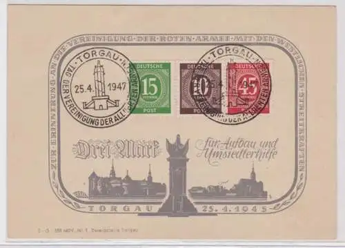 96519 Postkarte Torgau - Drei Mark für Aufbau und Umsiedlerhilfe 25.04.1945