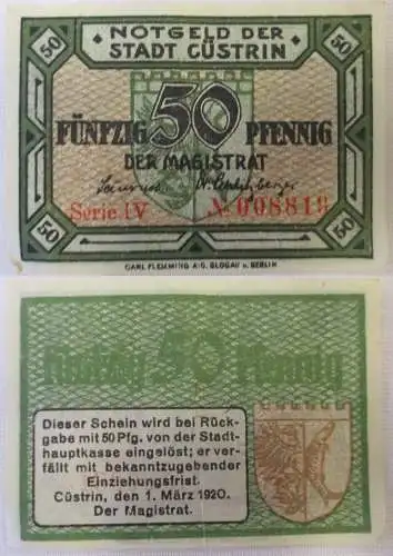 50 Pfennig Banknoten Notgeld Stadt Cüstrin1.März 1920 (169063)