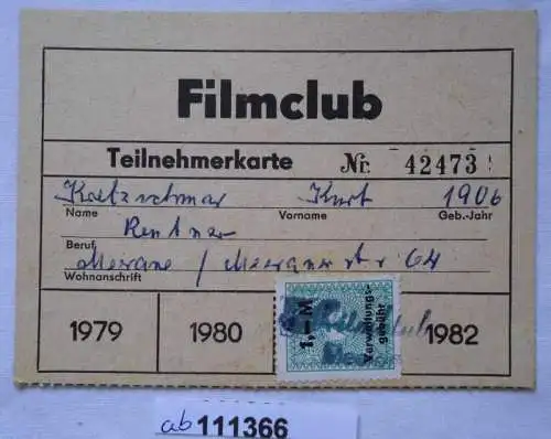 seltene DDR Teilnehmerkarte Filmclub 1982 (111366)
