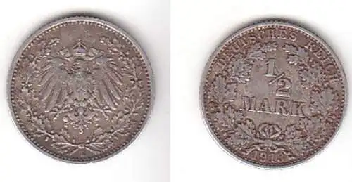 1/2 Mark Silber Münze Kaiserreich 1913 E, Jäger 16 (111810)