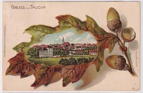 91691 Eichenblatt Ak Lithographie Gruß aus Taucha Totalansicht 1905