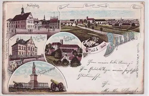 76423 Ak Lithographie Gruß aus Belzig Kreishaus, Marktplatz usw. 1900