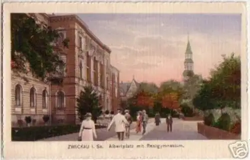17788 Ak Zwickau Albertplatz mit Realgymnasium um 1910