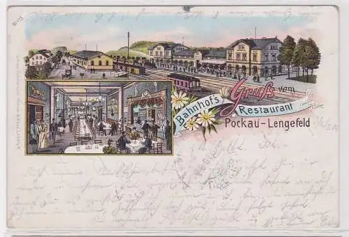 02284 Ak Lithographie Gruß vom Bahnhofs Restaurant Pockau Lengefeld 1904