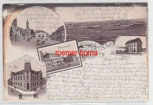 72783 Ak Lithographie Gruß aus Hartha Post, Bahnhof, Bürgerschule usw. 1906