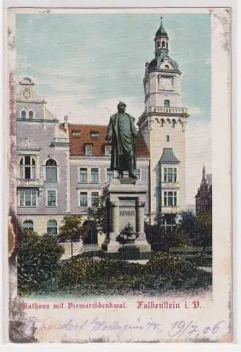 27896 AK Falkenstein im Vogtland - Rathaus mit Bismarckdenkmal 1906