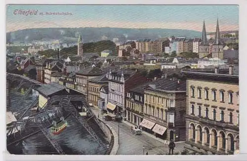 66180 AK Elberfeld mit Schwebebahn über Wupper und Stadtansicht, Bahnpost 1908