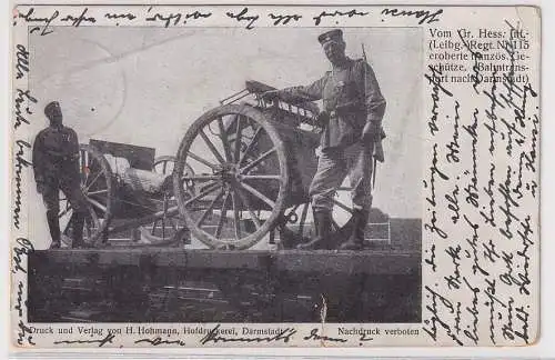 28679 Ak Militär Bahntransport eroberter franz. Geschütze nach Darmstadt 1914