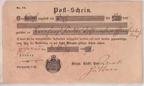 Altdeutschland Postschein Zschopau königl. sächs. Post 1867 (138085)