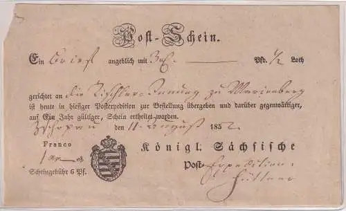 Altdeutschland Postschein Zschopau königl. sächs. Post 1852 (139960)