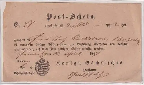 Altdeutschland Postschein Chemnitz königl. sächs. Post 1847 (131192)