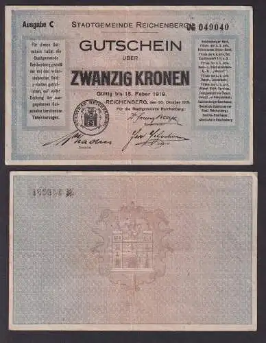 20 Kronen Banknote Stadtgemeinde Reichenberg 15.02.1919 (102069)