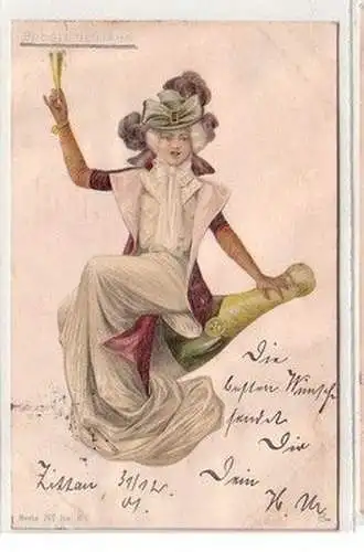 59973 Neujahrs Ak Frau mit Glas in der Hand sitzt auf Sektflasche 1901