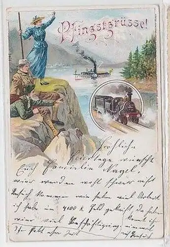 13562 Pfingst Ak Lithographie Eisenbahn und Raddampfer 1912