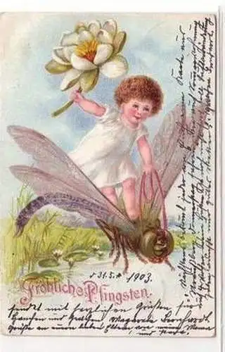 57612 Ak Fröhliche Pfingsten. auf Libelle reitendes Kind mit Seerose 1903