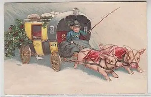 62478 Präge Ak Postkutsche von 2 Schweinen gezogen um 1910