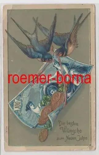 56564 Ak mit Schwalben und Geldschein 'Die besten Wünsche zum Neuen Jahre' 1911