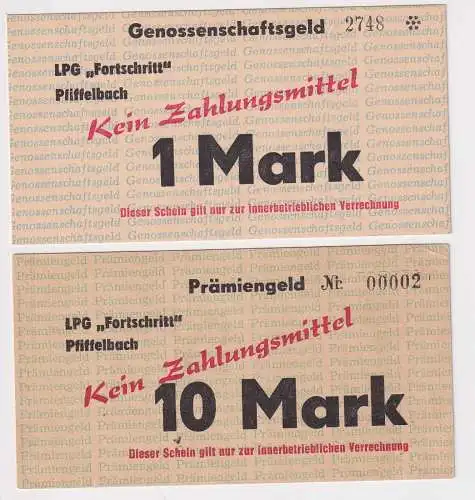 2 Banknoten 1 und 10 Mark DDR LPG Geld "Fortschritt" Pfiffelbach (154586)